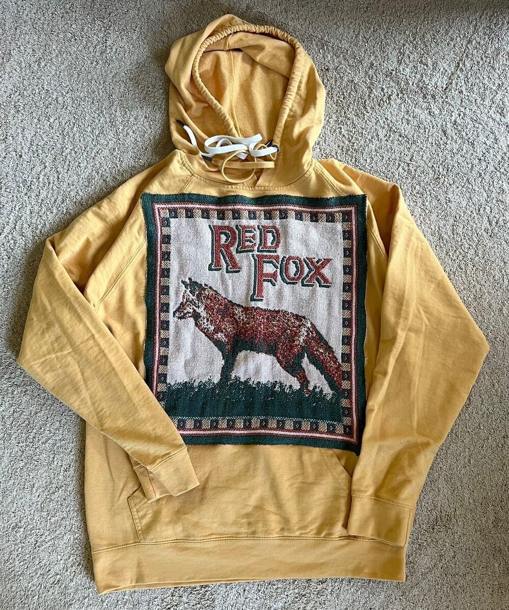 Fox Tapestry hoodie, reworked sweatshirt w blanket panel, upcycled XL